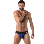 Locker Gear Wide Waistband Jockstrap in Blau, Vorderansicht am Model