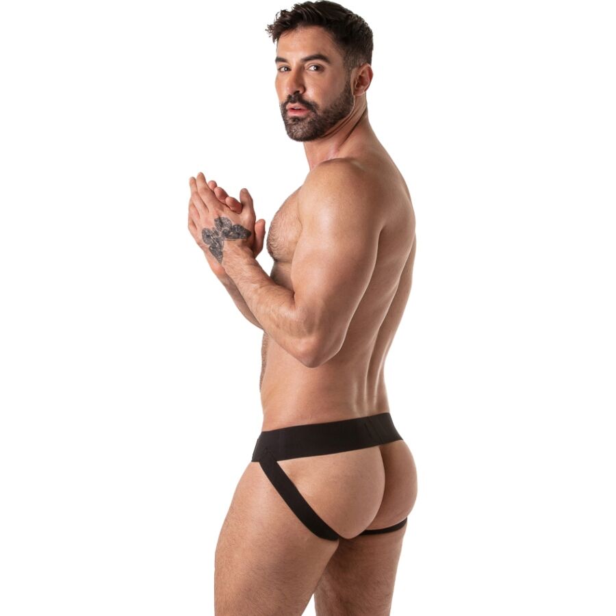 Rückansicht des roten Locker Gear Jockstraps mit offenem Gesäß und elastischen Bändern