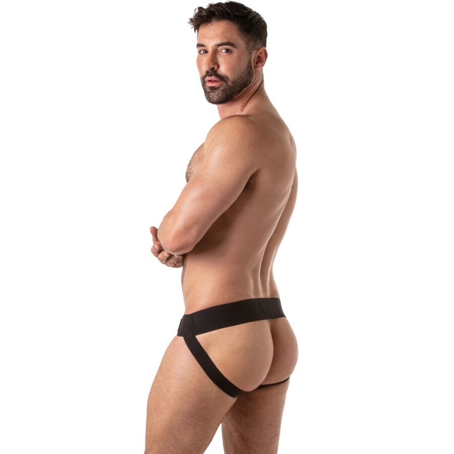 Rückansicht des schwarzen Locker Gear Jockstraps mit offenem Gesäß und elastischen Bändern