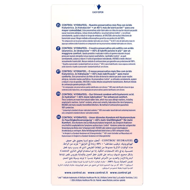 Control HydraFeel – Rückseite der Verpackung mit Anwendungshinweisen