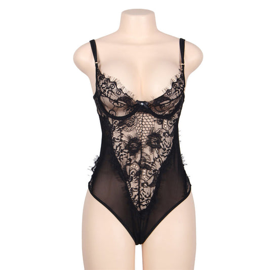 SUBBLIME - QUEEN PLUS FLORAL LACE UND FRINGED BLACK TEDDY