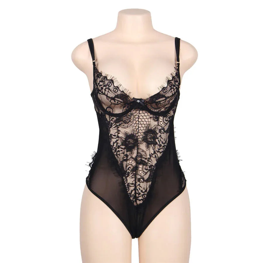 SUBBLIME - QUEEN PLUS FLORAL LACE UND FRINGED BLACK TEDDY - Vanelion Paradise
