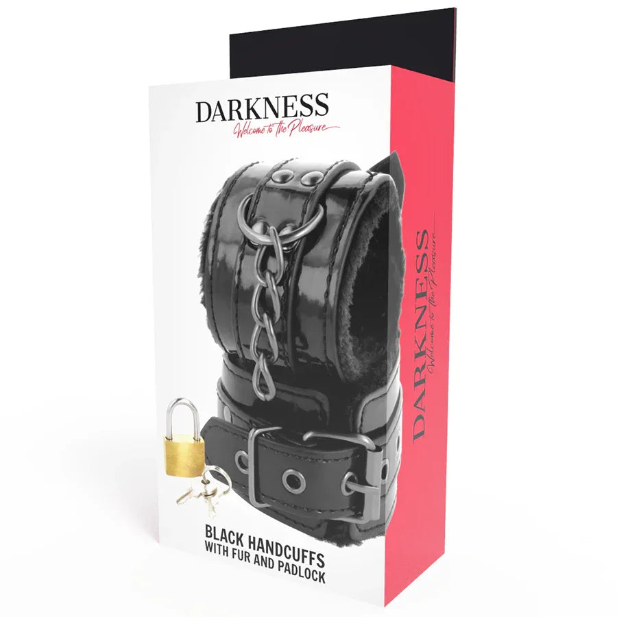 DARKNESS - SCHWARZE, VERSTELLBARE LEDERHANDSCHELLEN MIT VORHÄNGESCHLOSS - Vanelion Paradise