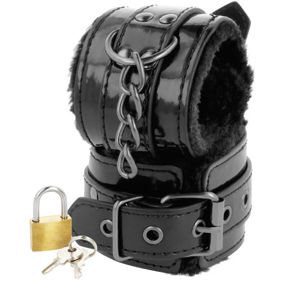 DARKNESS - VERSTELLBARE HANDSCHELLEN AUS SCHWARZEM LEDER MIT VORHÄNGESCHLOSS - Vanelion Paradise