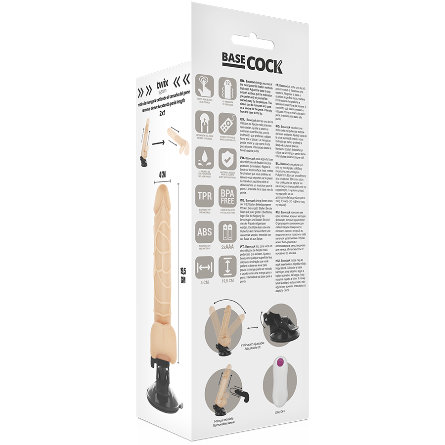 BASECOCK - REALISTISCHER VIBRATOR MIT FERNBEDIENUNG NATÜRLICH MIT HODEN 19.5 CM -O- 4 CM