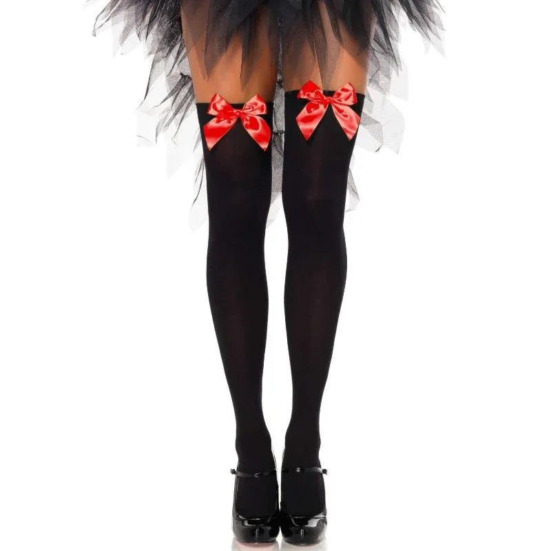 LEG AVENUE - SCHWARZE NYLON-OBERTEILHÖCHSE MIT ROTER SCHLEIFE, EINE GRÖSSE - Vanelion Paradise