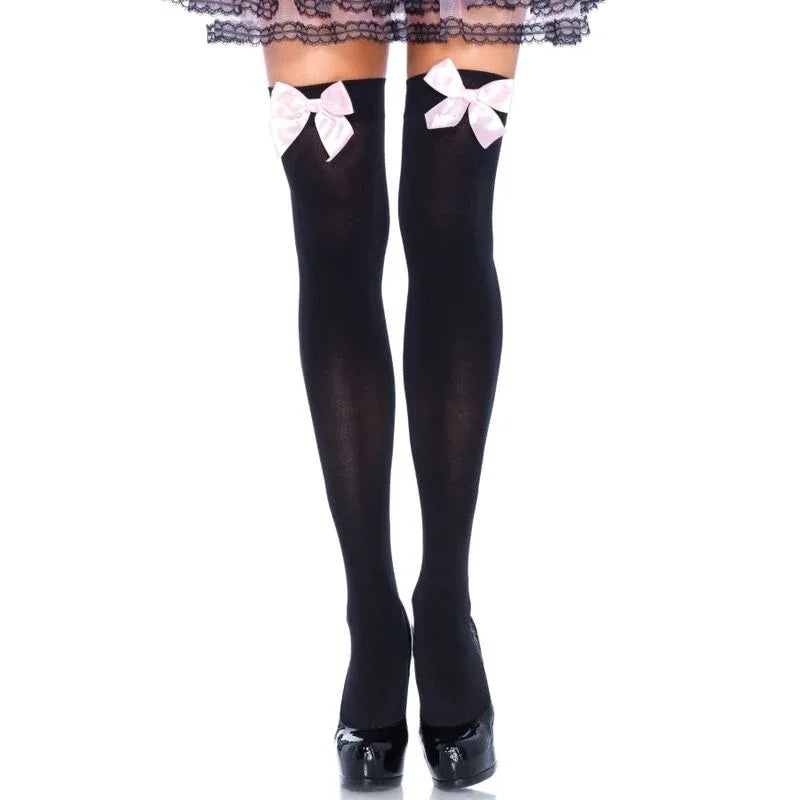 LEG AVENUE - SCHWARZE NYLON-OBERTEILHÖCHSE MIT ROSA SCHLEIFE, EINE GRÖSSE - Vanelion Paradise