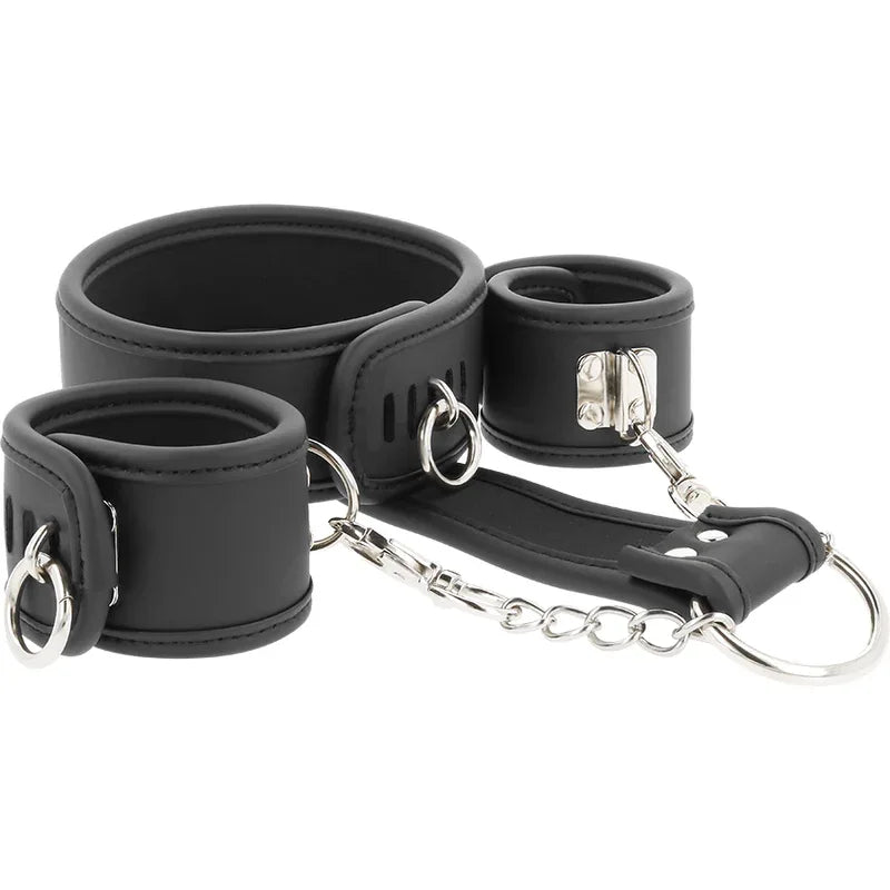 FETISH SUBMISSIVE - HALSKETTE UND HANDSCHELLEN AUS VEGANEM LEDER MIT NEOPREN-FUTTER - Vanelion Paradise